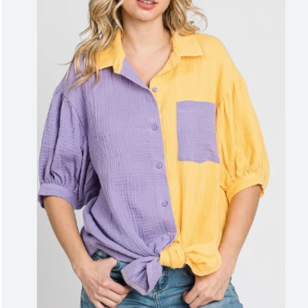 GeeGee LSU Purple Yellow Color Block Puff Sleeve Cotton Gauze Shirt Dress Medium
